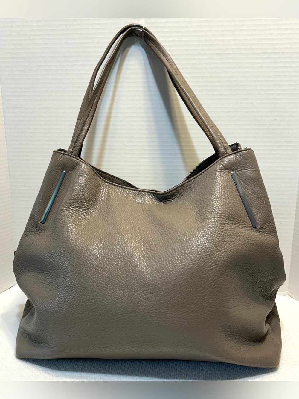 Vince Camuto Leather Shoulder Bag Satchel Ike LRG Gray Pebbled Double Handle EUC